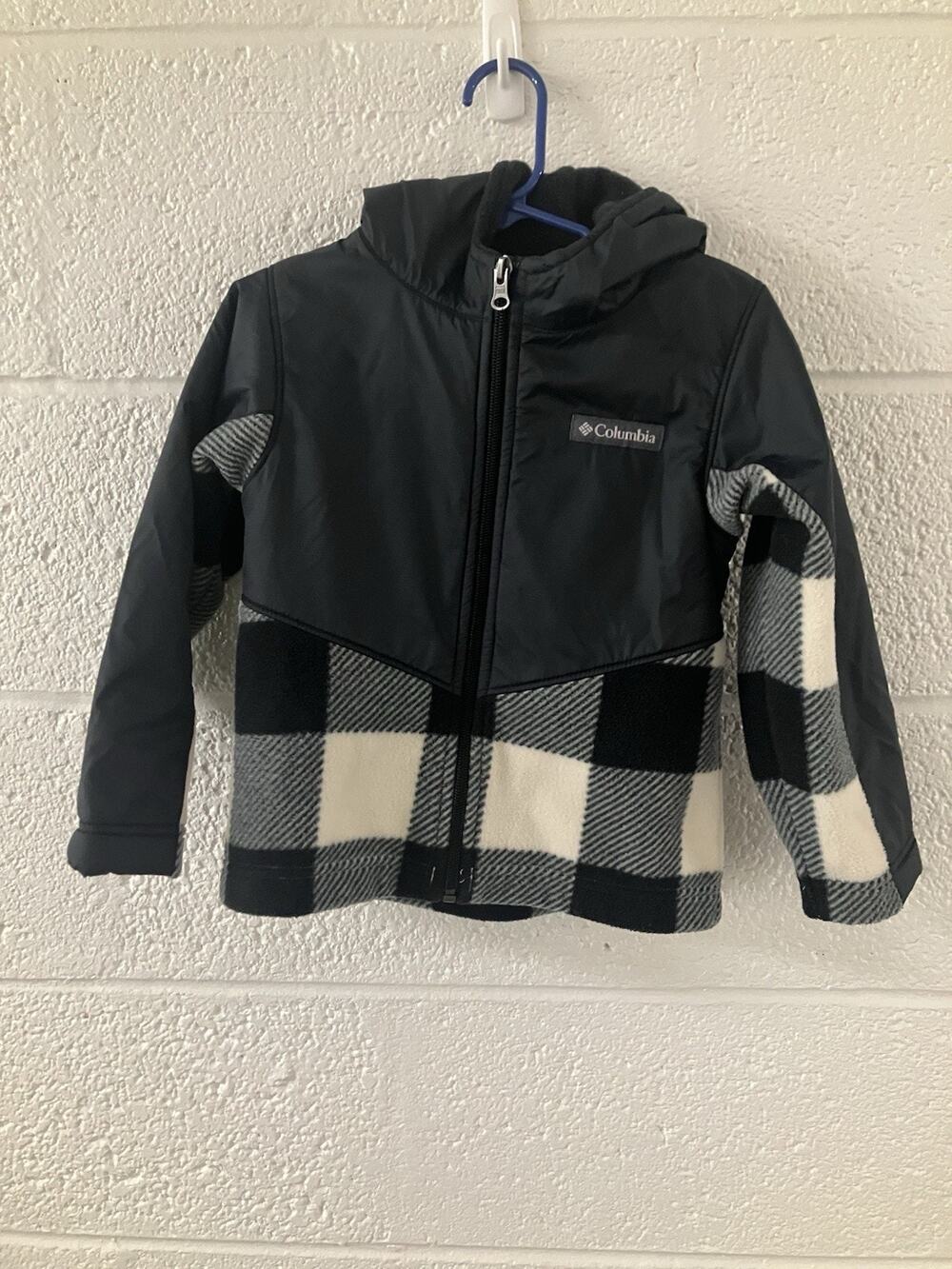 Columbia Toddler 4T Hooded Full Zip Fleece Jacket Plaid Black White Gray